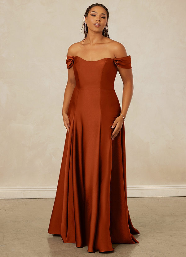 Christian Siriano Bridal for Azazie 1002 Robes Demoiselle d'honneur Robe Trapèze Convertible en Satin extensible Épaule décolletée Paprika image1
