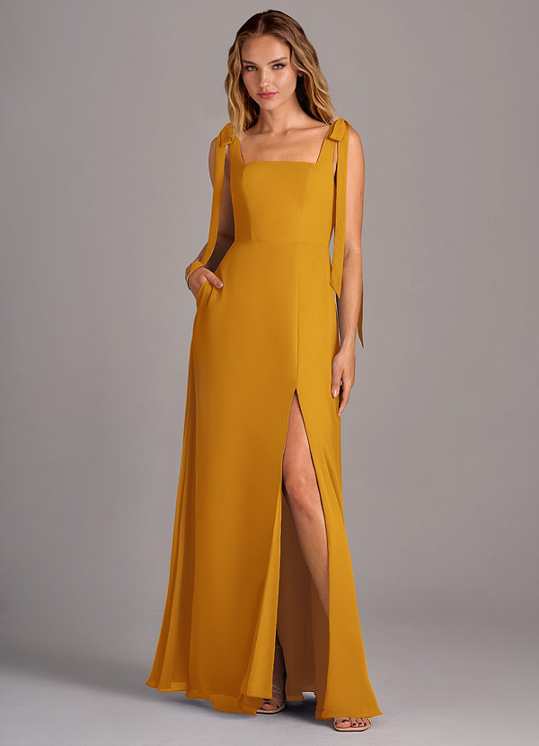 Azazie Debra Bridesmaid Dresses Butterscotch A-Line with Pockets Chiffon Convertible Dress image1