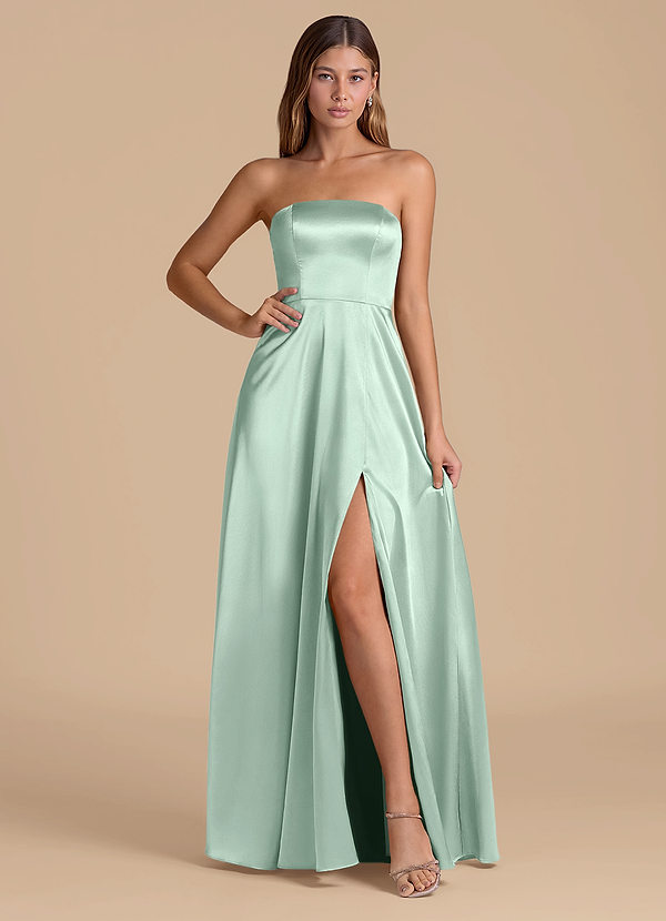 Azazie Wren Bruidsmeisjes Jurken Jurk van Metaalachtig Satijn met A-Lijn Strapless Agave image1