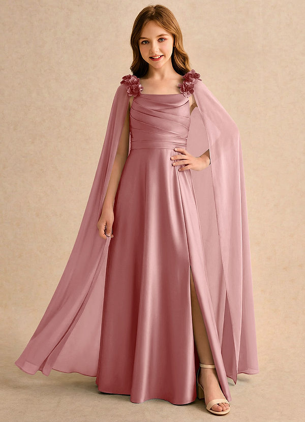 Azazie Rosita Girls Formal Vestidos de arras Vestido Rosa Polvorienta de Satén Elástico de Corte en A con Plisado image1