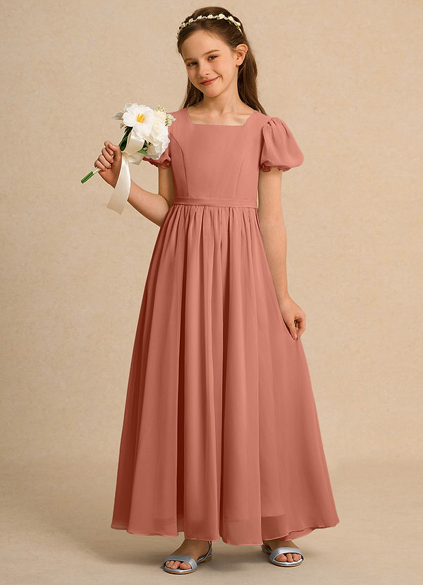 Azazie Lilia Junior Formal Bloemenmeisjes Jurken A-Lijn Jurk van Chiffon met Mouwen Meer Gesneden image1