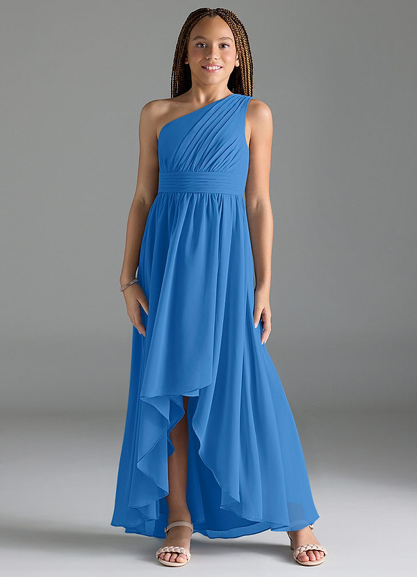 Azazie Mathilda Junior Robe Trapèze en Mousseline de soie Plissée Geai Bleu image1