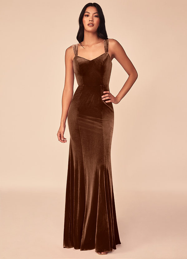 Azazie Lanessa Bridesmaid Dresses Umber Mermaid V-Neck Keyhole Back Velvet Dress image1
