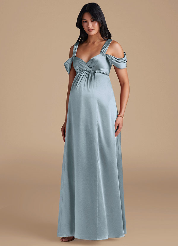 Azazie Rhea Maternity Bridesmaid Dresses A-Line Pleated Metallic Satin Floor-Length Dress image1