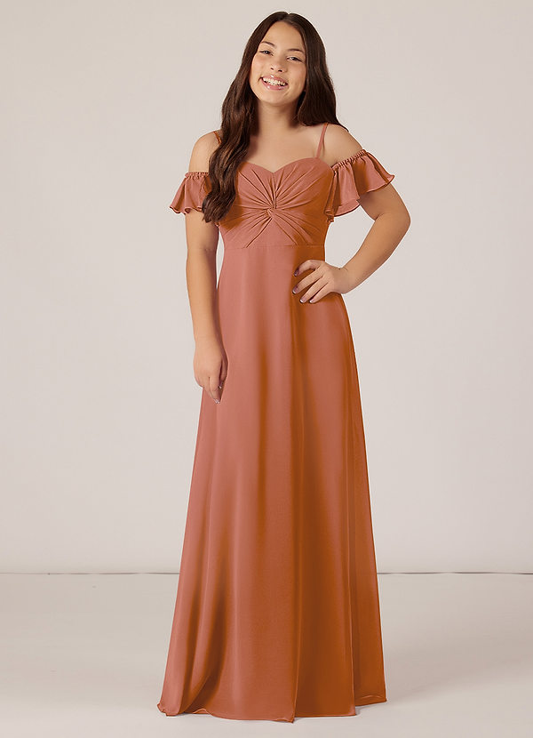 Azazie Juna Junior Robe Trapèze en Mousseline de soie Épaule décolletée Mai Tai image1
