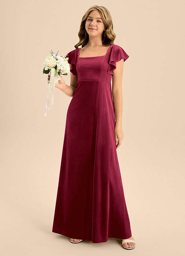 Azazie Bondi Junior Burgundy A-Line Bow Velvet Dress image1