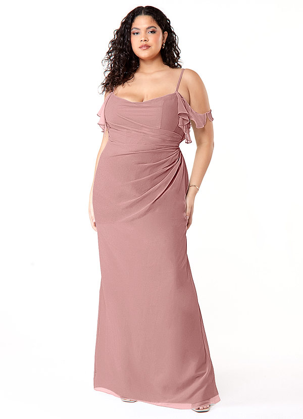 Azazie Emeralda Bridesmaid Dresses Dusty Rose Sheath Off the Shoulder Chiffon Dress image1