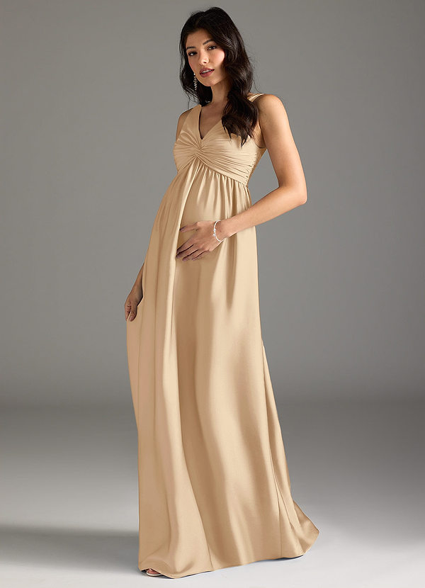 Azazie Yetta Maternity Bridesmaid Dresses A-Line Pleated Stretch Satin Floor-Length Dress image1