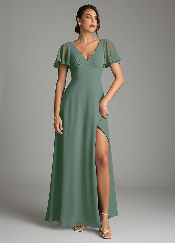 Azazie Kimber Bridesmaid Dresses Eucalyptus A-Line Flounce Sleeve Chiffon Dress image1