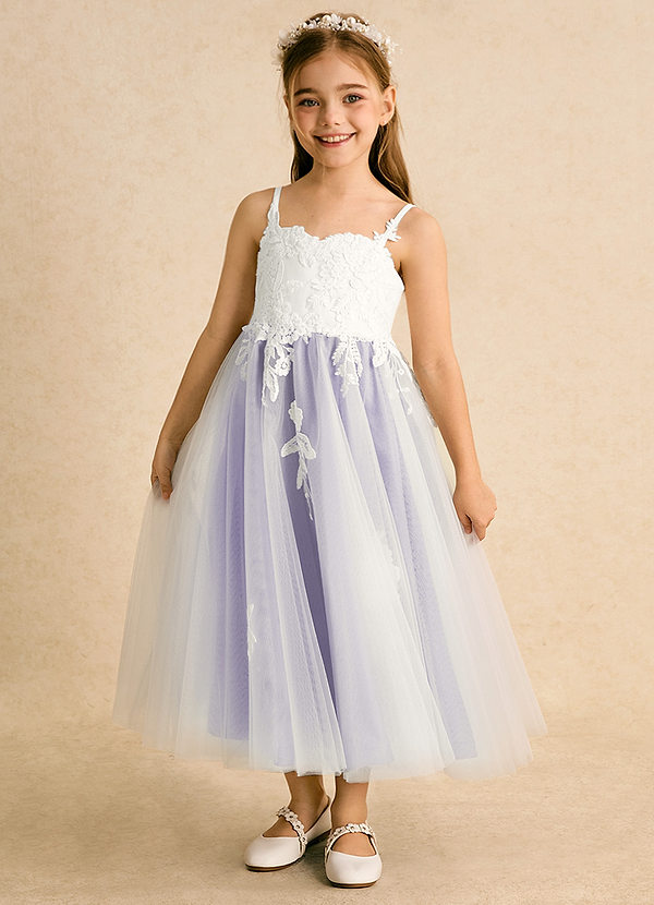 Azazie Coraline Flower Girl Dresses Ivory Lilac A-Line Lace Dress image1