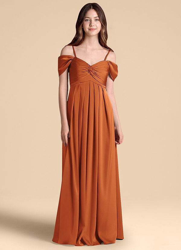 Azazie Kaitlynn Junior Jurk van Stretch Satijn met A-Lijn Off the Shoulder Kaneel image1