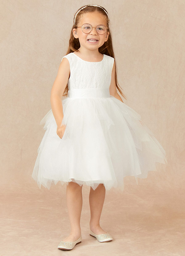 Azazie Chica Flower Girl Dresses Ivory A-Line Lace Tulle Dress image1