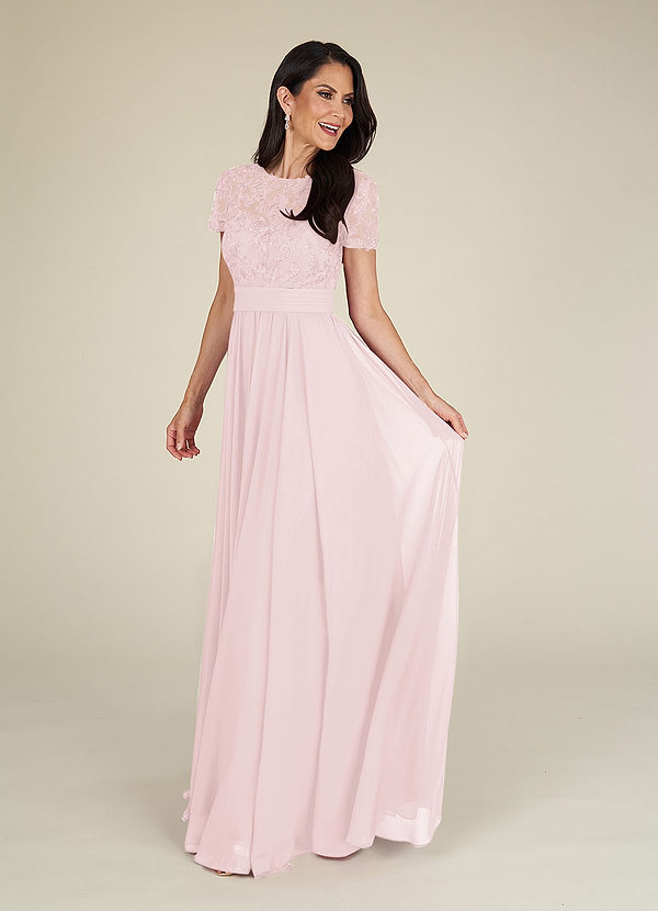 Azazie Annette Robe Mère de la Mariée & du Marié Robe Trapèze en Mousseline de soie Dentelle Rose Pâle image1