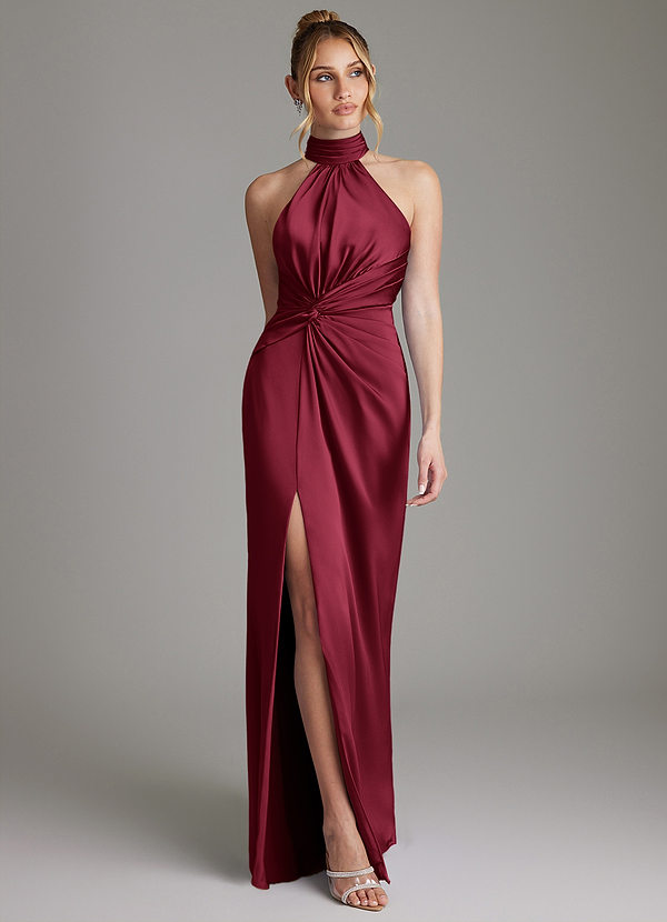 Azazie Gracelynn Robes de demoiselle d'honneur Robe Fourreau en Satin extensible Plissé Bourgogne image1