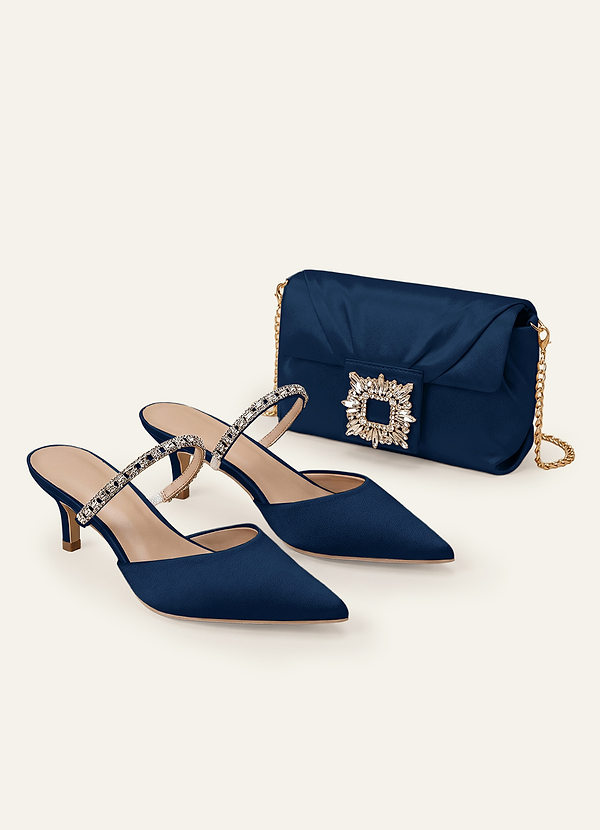 front Matchande färg stretchiga satin strass slip-on kitten heels & clutch set
