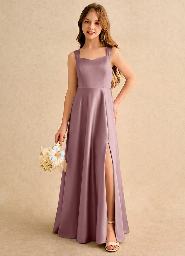 Azazie Makani Girls Formal Sukienki dla dziewczynek sypiących kwiaty Linia A Dekolt w kształcie serca Matowy satynowy Długość podłogi Sukienka image1