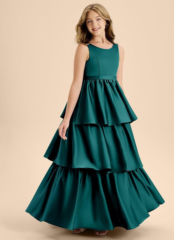 Azazie Meadowyn Junior Abito A-Line in Raso Elasticizzato Fiocco Verde Pavone image1