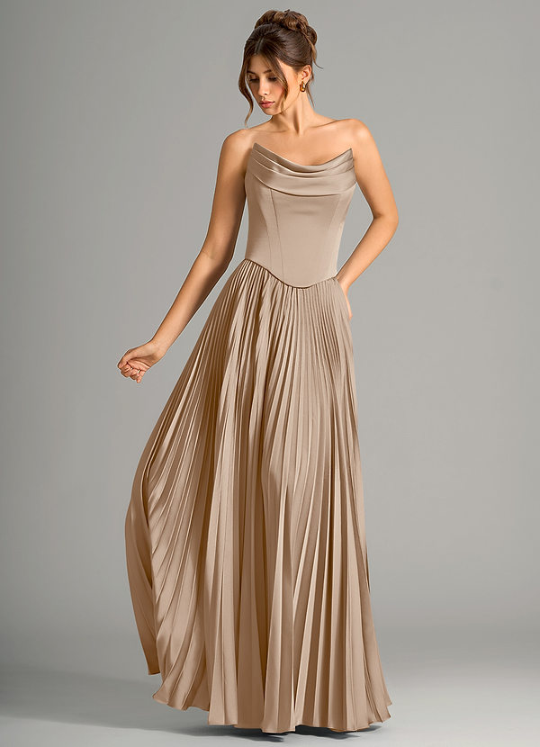 Azazie Saedra Bridesmaid Dresses Taupe A-Line Corset Stretch Satin Dress image1