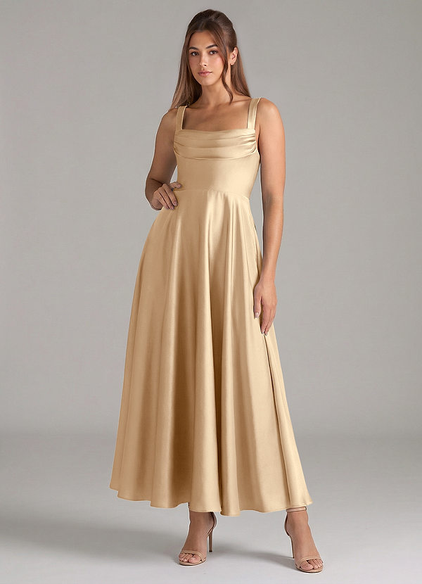 Azazie Shaude Bridesmaid Dresses Champagne A-Line Pleated Stretch Satin Dress image1