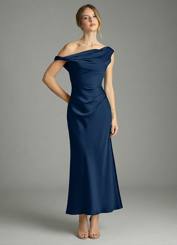 Azazie Emerson Suknie dla druhen Syrena Zza ramienia Satyna elastyczna Długość kostki Sukienka image1