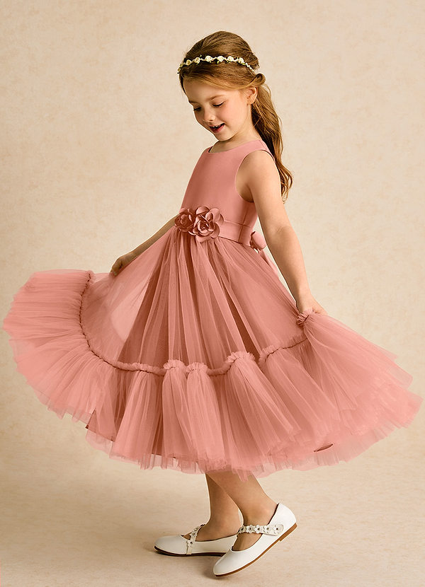 Azazie Miracle Robes de Fillette d'Honneur Robe Trapèze en Mat Satiné Arc Mai Tai image1