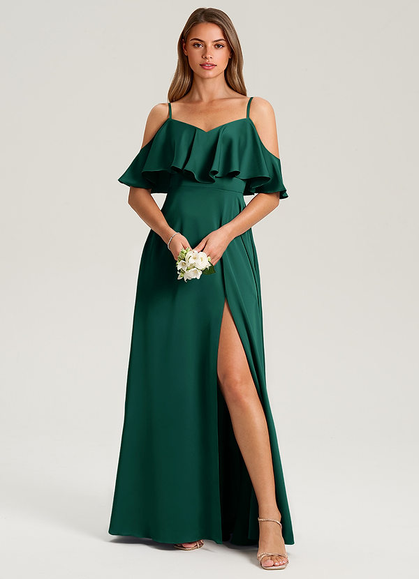 Azazie Jean Bridesmaid Dresses Emerald A-Line Off the Shoulder Stretch Satin Dress image1