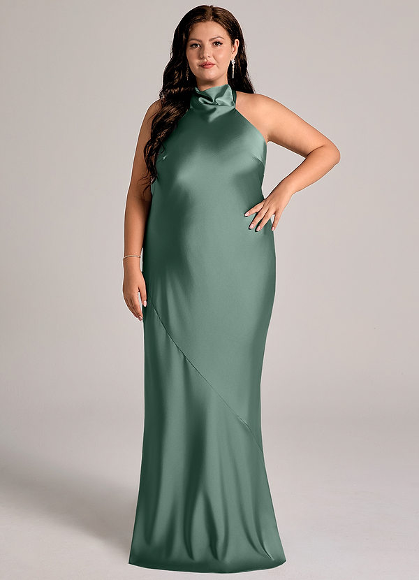 Azazie Velli Abiti da Damigella Abito Sirena in Raso Elasticizzato Collo Alto Eucalipto image1
