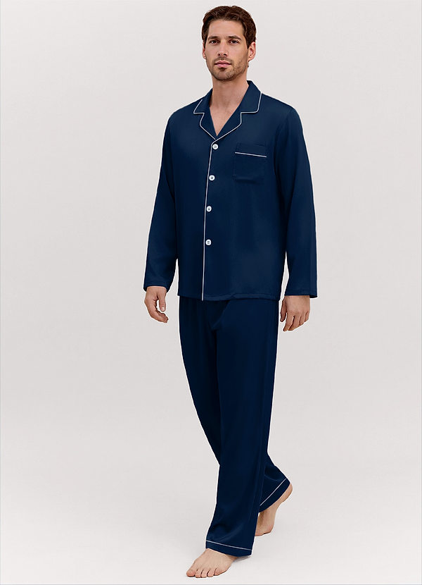 front Dark Navy Men's Satin Long Sleeve Pajama Set
