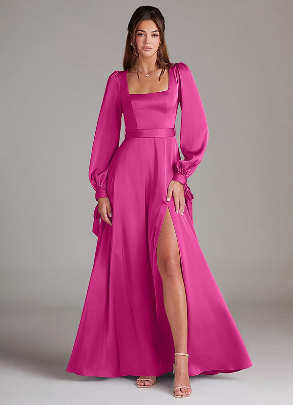 Azazie Leonia Bridesmaid Dresses Fuchsia A-Line Long Sleeve Stretch Satin Dress image1