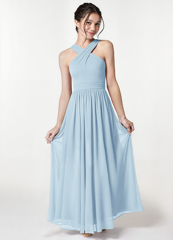 Azazie Jiya Junior Sky Blue A-Line Pleated Mesh Dress image1