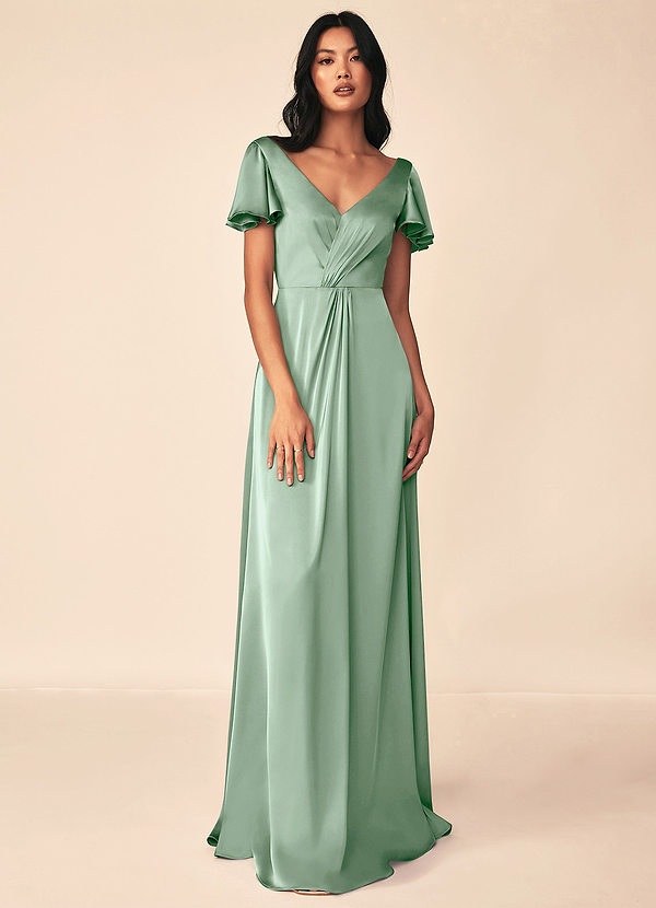 Azazie Soren Bridesmaid Dresses Agave Flowy Pleated Stretch Satin Dress image1