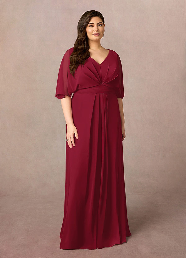 Azazie Oksana Vestidos de Madre de la Novia Vestido de Borgoña de Gasa de Corte En A con Cuello en V Plisado image1