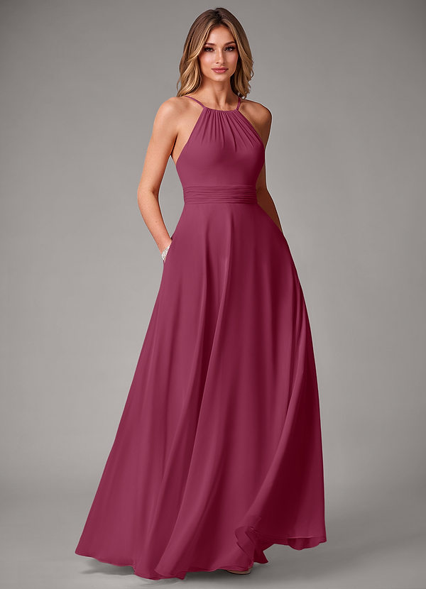 Azazie Amalia Robes Demoiselle d'honneur Robe Trapèze en Mousseline de soie Plissée Mûre image1