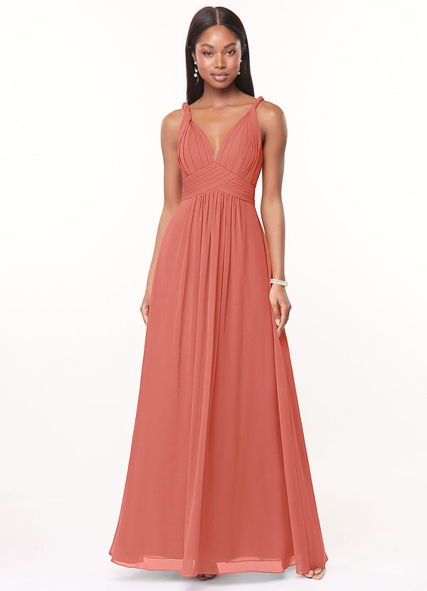 Azazie Maren Bridesmaid Dresses Vestido Rosa Salmão de Chiffon de Linha A com Plissado image1