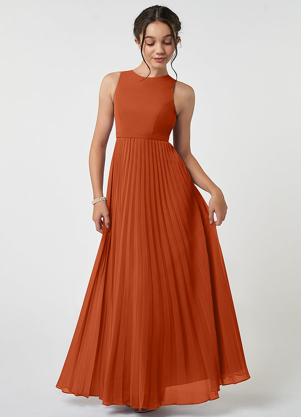 Azazie Lindie Junior A-Linie Plissee Chiffon Kleid Gebranntes Orange image1