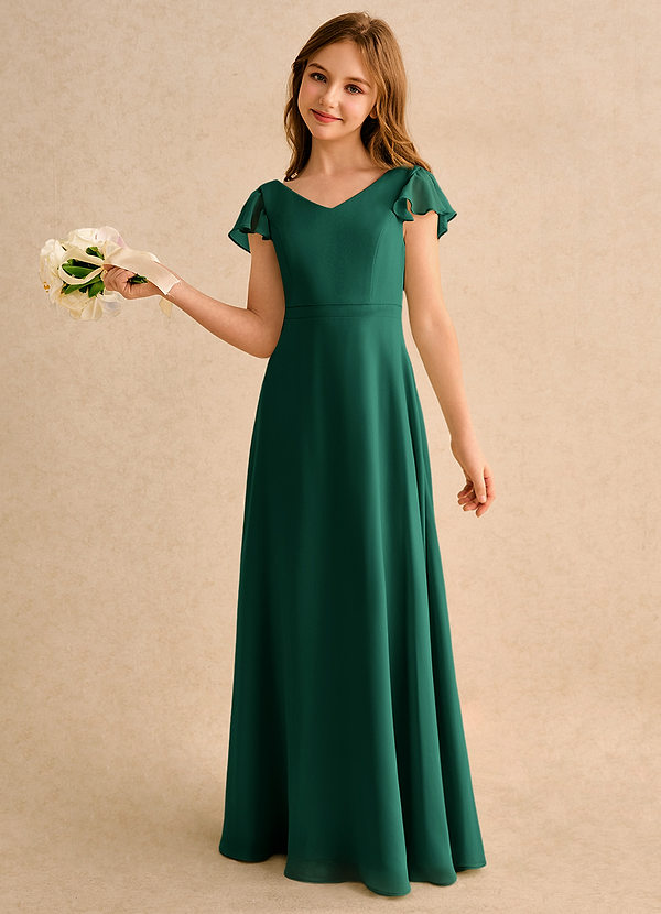 Azazie Nari Girls Formal Sukienki dla dziewczynek sypiących kwiaty Linia A z rękawami Szyfon Długość podłogi Sukienka image1