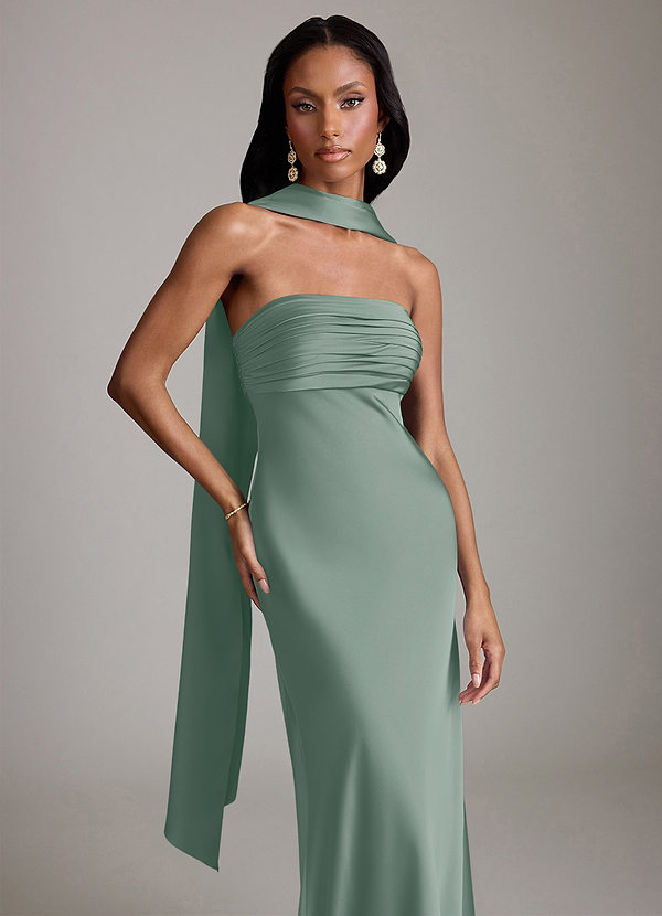 Azazie Saylor Bruidsmeisjes Jurken Jurk van Stretch Satijn met Zeemeermin Strapless Zilveren Salie image1