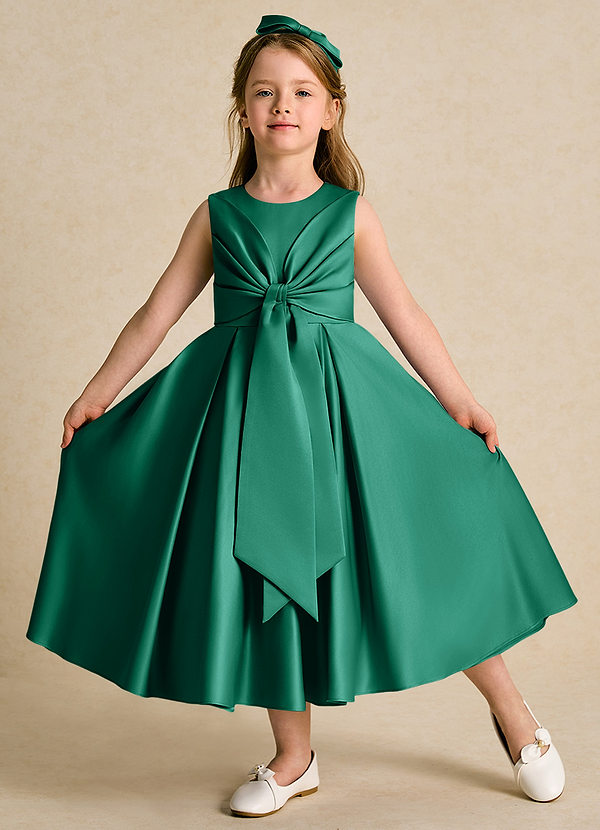 Azazie Lady Blumenkinder Kleider A-Linie Plissee Matte Satin Kleid Smaragd image1