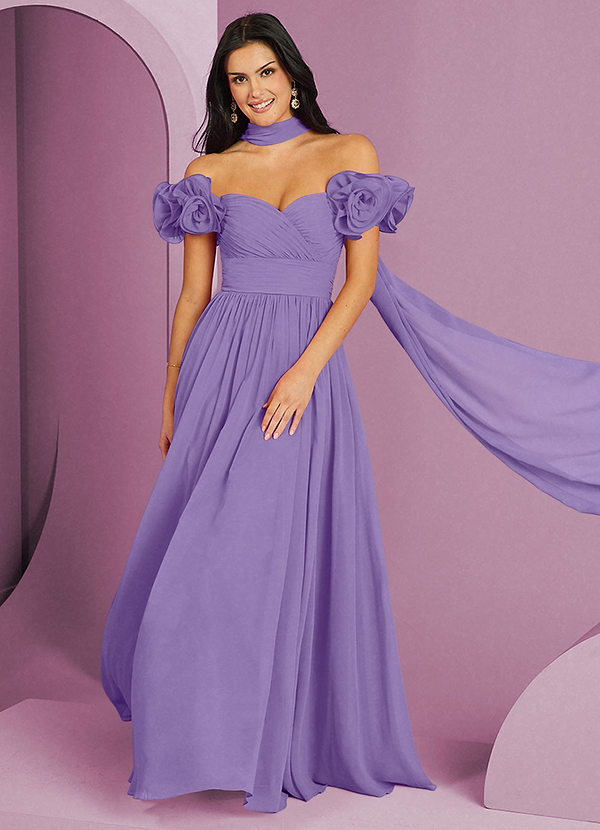 Barbie ♥ Azazie Suknie dla druhen Rozkloszowana sukienka z odkrytymi ramionami, falbaną i rozetkami image1