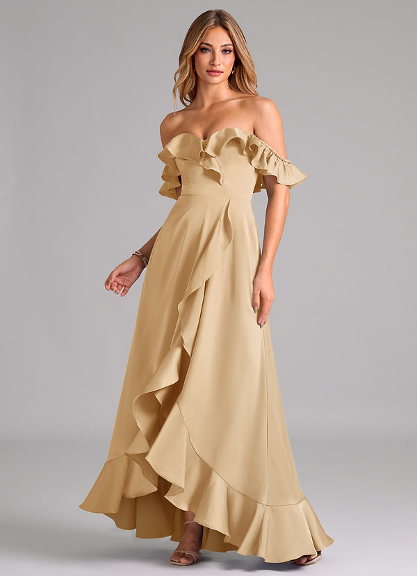 Azazie Lyra Bridesmaid Dresses Gold A-Line Off the Shoulder Stretch Satin Convertible Dress image1