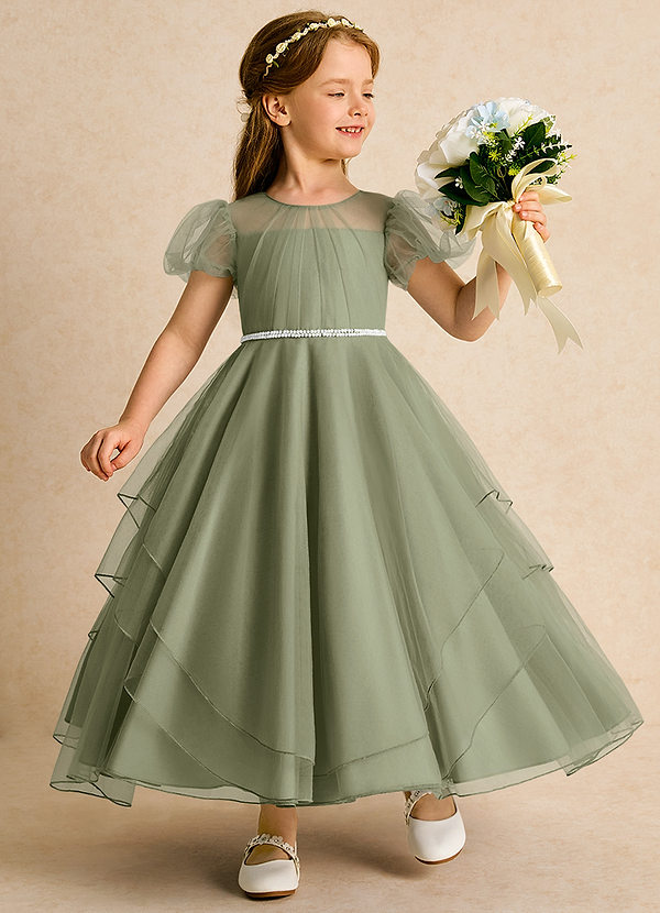 Azazie Duckie Abiti da Ragazza di Fiori Abito Principessa in Tulle Plissettato Pistacchio image1