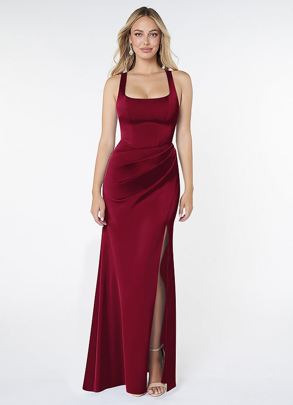 Azazie Mero Bridesmaid Dresses Burgundy Sheath Pleated Stretch Satin Dress image1