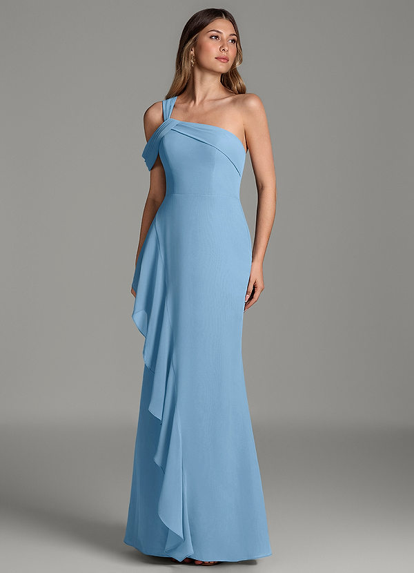 Azazie Ashlynn Abiti da Damigella Abito Sirena in Chiffon Spalle Scoperte Blu Acciaio image1