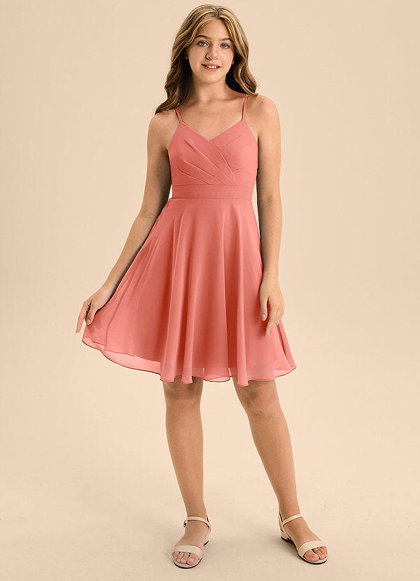 Azazie Avelina Junior Salmon Pink A-Line Pleated Chiffon Dress image1