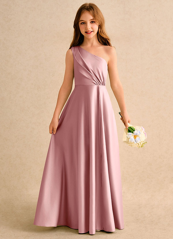 Azazie Puddles Girls Formal Robes de cortège enfant Robe Trapèze en Mat Satiné Asymétrique Rose Poussiéreuse image1