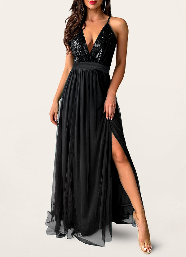 front Sweep Of Romance Black Sequin Maxi Dress