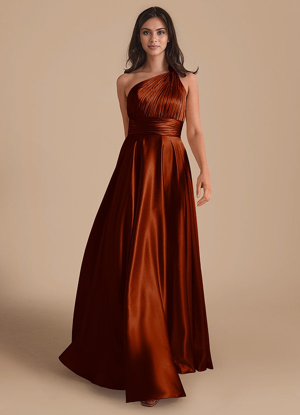 Azazie Charlize Bridesmaid Dresses Auburn A-Line One Shoulder Metallic Satin Dress image1