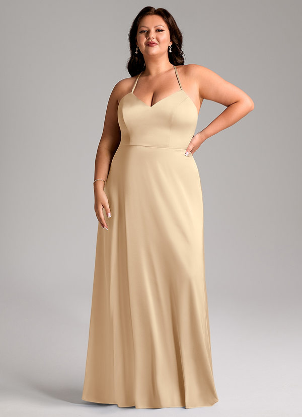 Azazie Mei Abiti da Damigella Abito A-Line in Raso Elasticizzato con Scollo a V Champagne image1