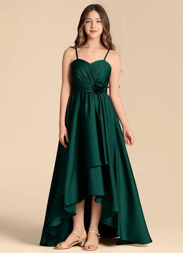 Azazie Catalina Junior Vestido de Esmeralda de Satén Elástico de Corte en A con Escote de Corazón image1