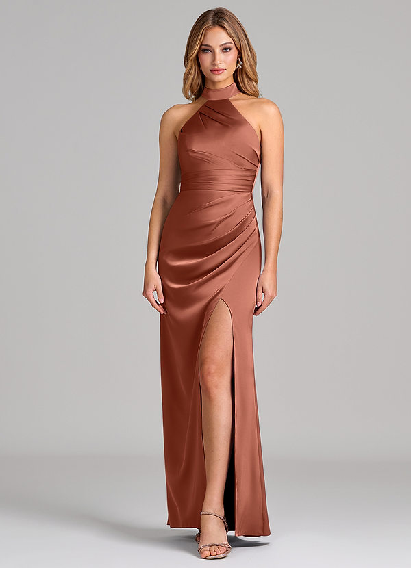 Azazie Karlotta 신부 들러리 드레스 쉬스 주름진 스트레치 새틴 바닥 길이 드레스 image1